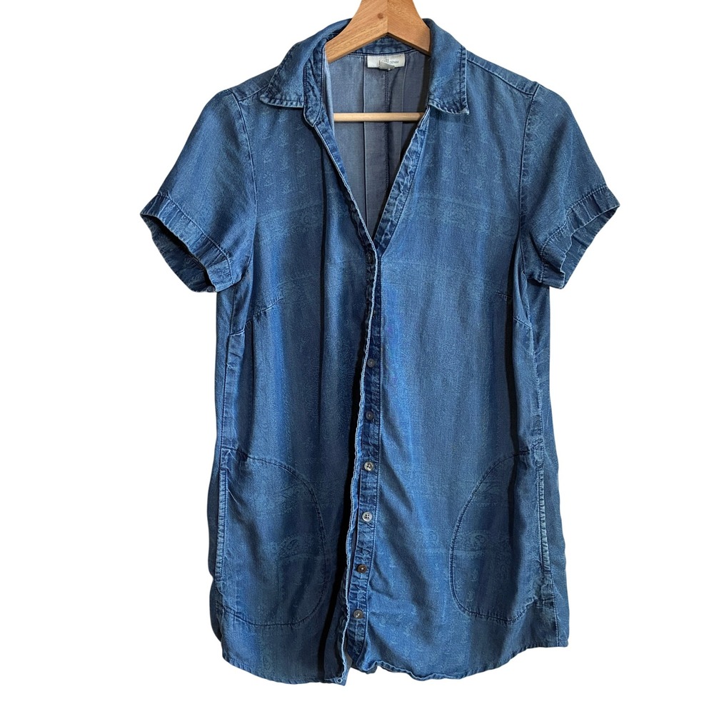 J. Jill Denim Paisley Tunic Shirt S Petite Blue Womens Tencel Lyocell Pocket